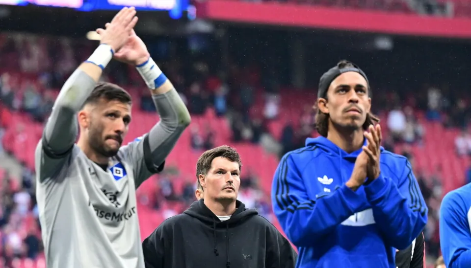 Daniel Heuer Fernandes, Merlin Polzin und Yussuf Poulsen nach Leipzigs 5:0 gegen den HSV auf dem Rasen.